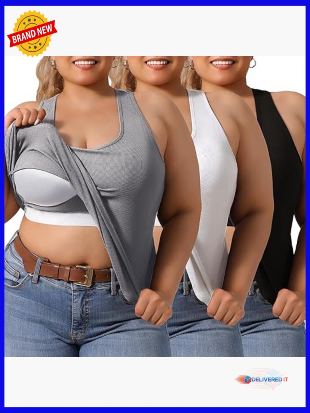 Plus Size Ribbed Tank Tops with Built-in Bra, 3-Pack Racerback Camis
